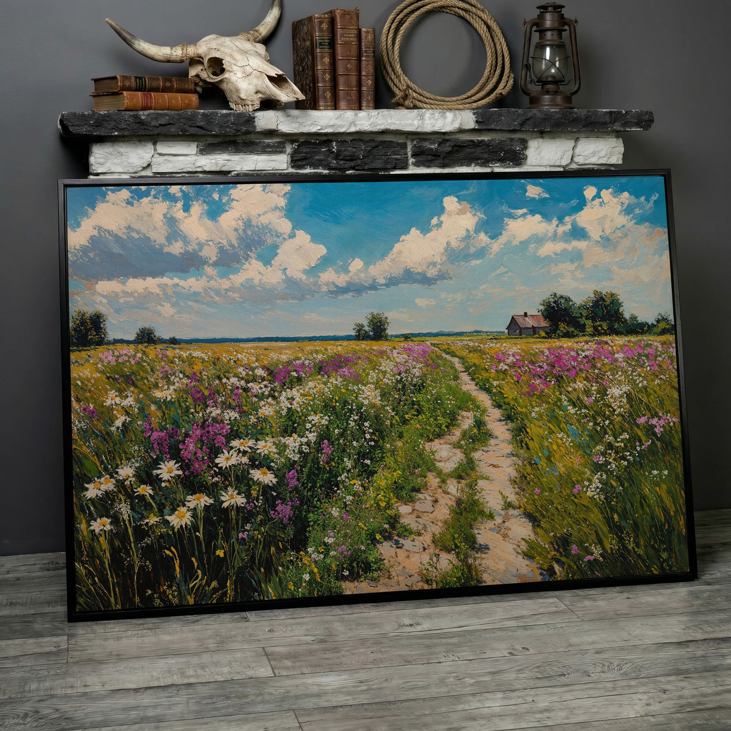 Wildflower Meadow & Farmhouse Canvas in black floating frame