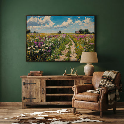 Wildflower Meadow & Farmhouse Canvas in dark walnut floating frame