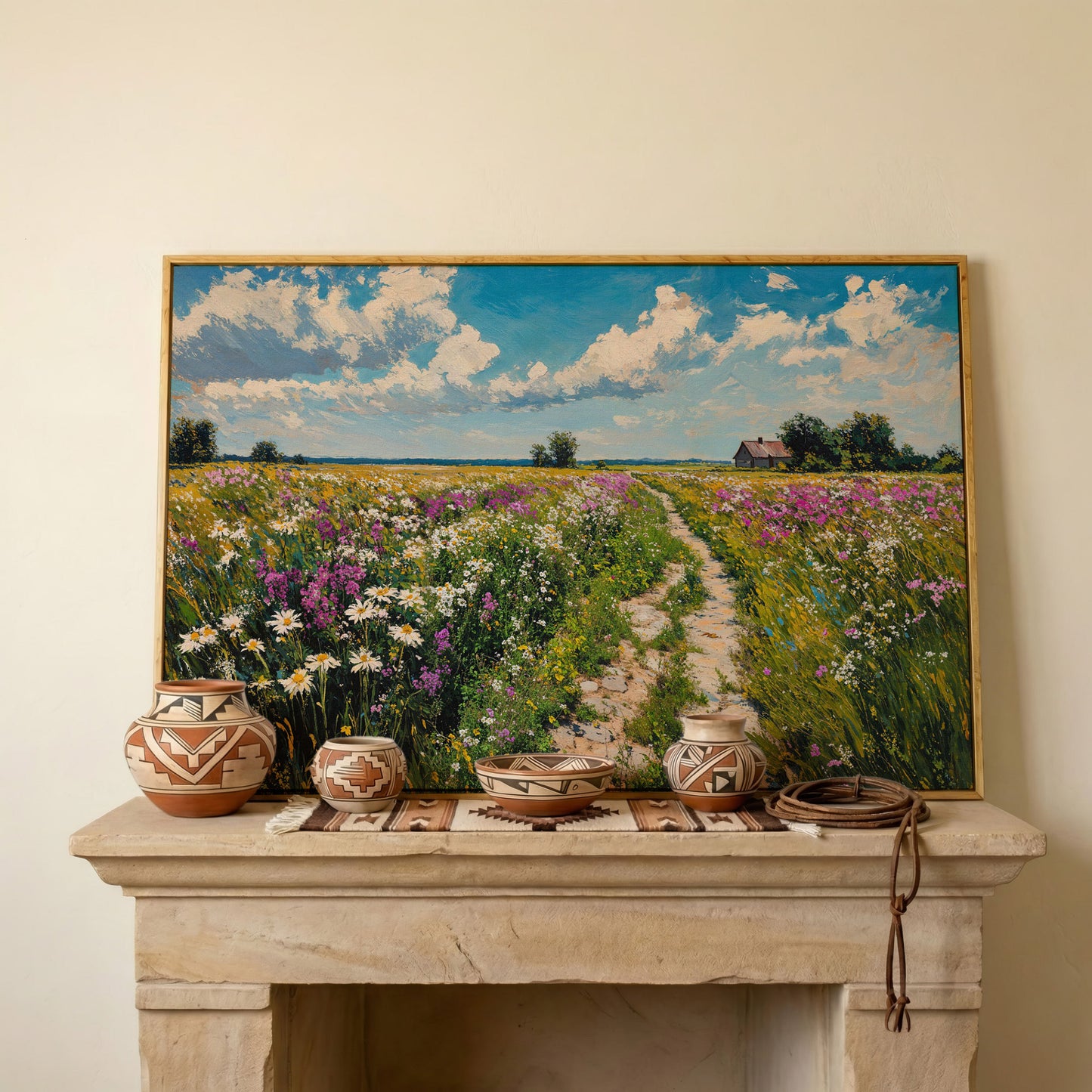 Wildflower Meadow & Farmhouse Canvas in white oak floating frame