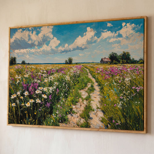 Wildflower Meadow & Farmhouse Canvas shown in white oak floating frame
