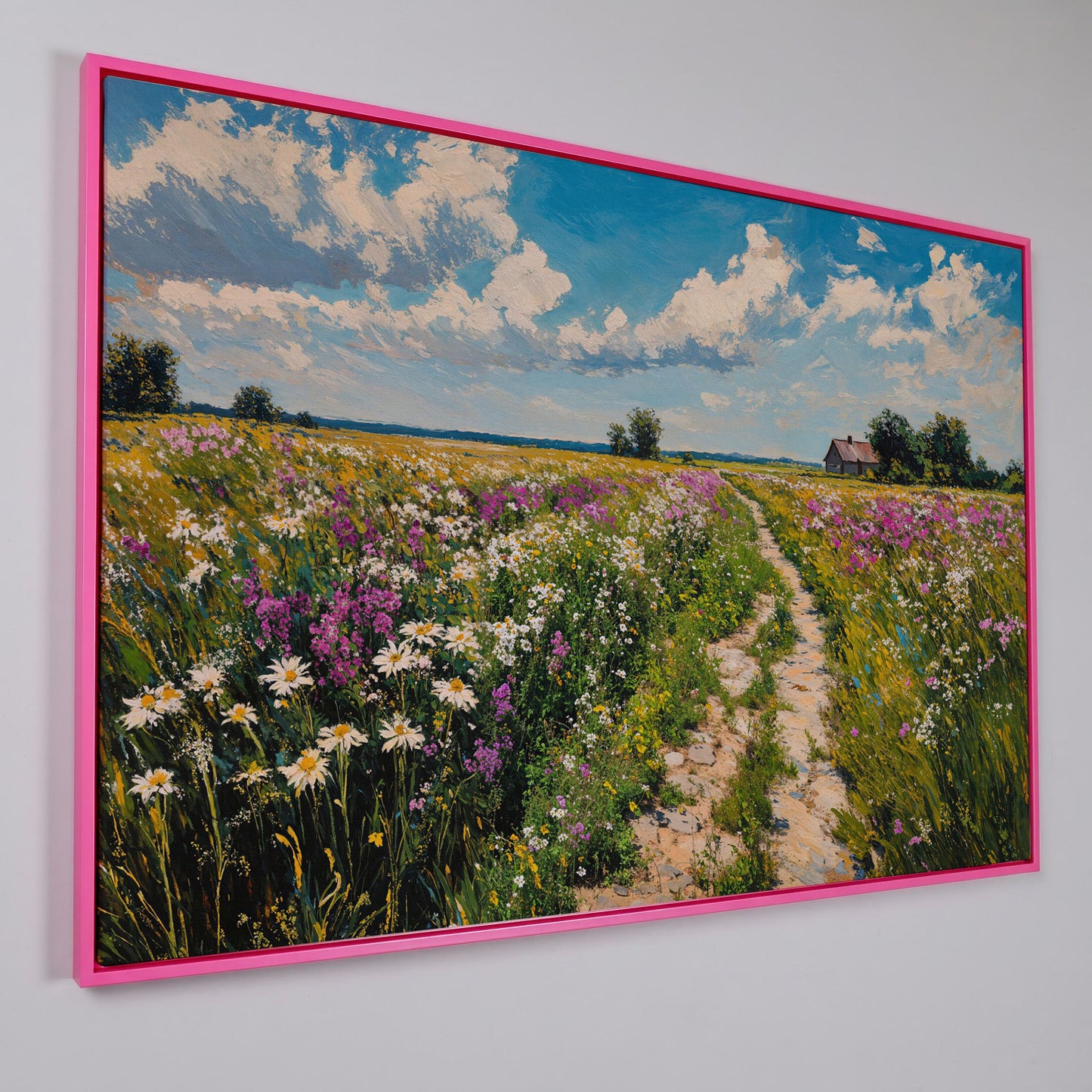 Wildflower Meadow & Farmhouse Canvas in pink floating frame