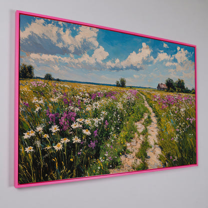 Wildflower Meadow & Farmhouse Canvas in pink floating frame