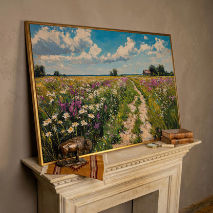 Wildflower Meadow & Farmhouse Canvas in rose gold floating frame