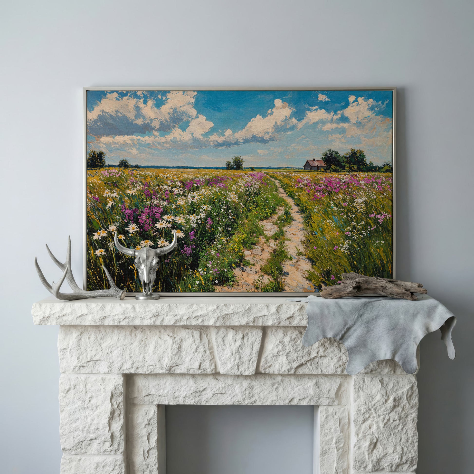 Wildflower Meadow & Farmhouse Canvas in silver floating frame
