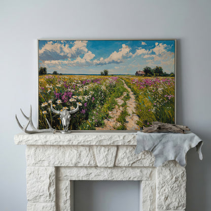 Wildflower Meadow & Farmhouse Canvas in silver floating frame
