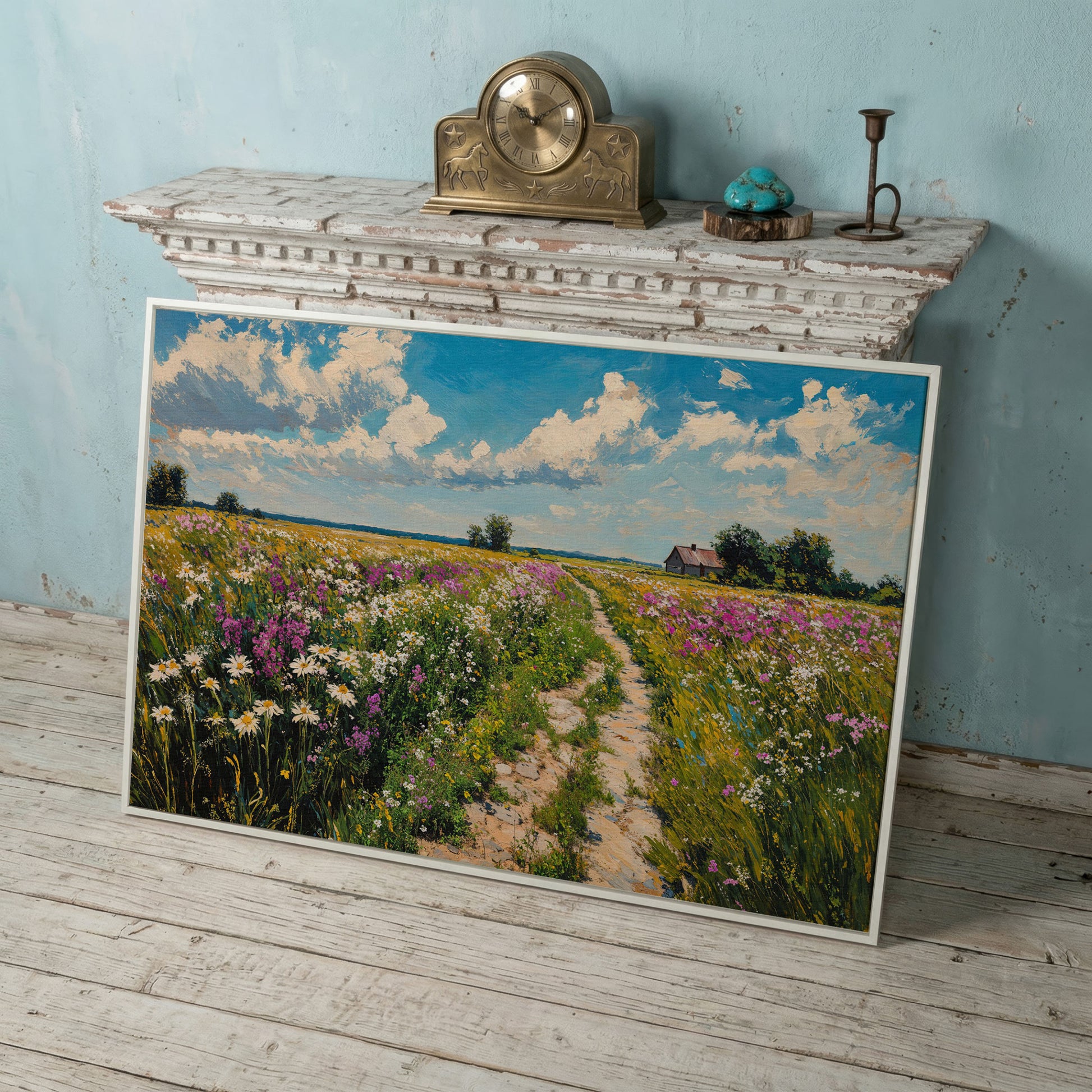 Wildflower Meadow & Farmhouse Canvas in white floating frame