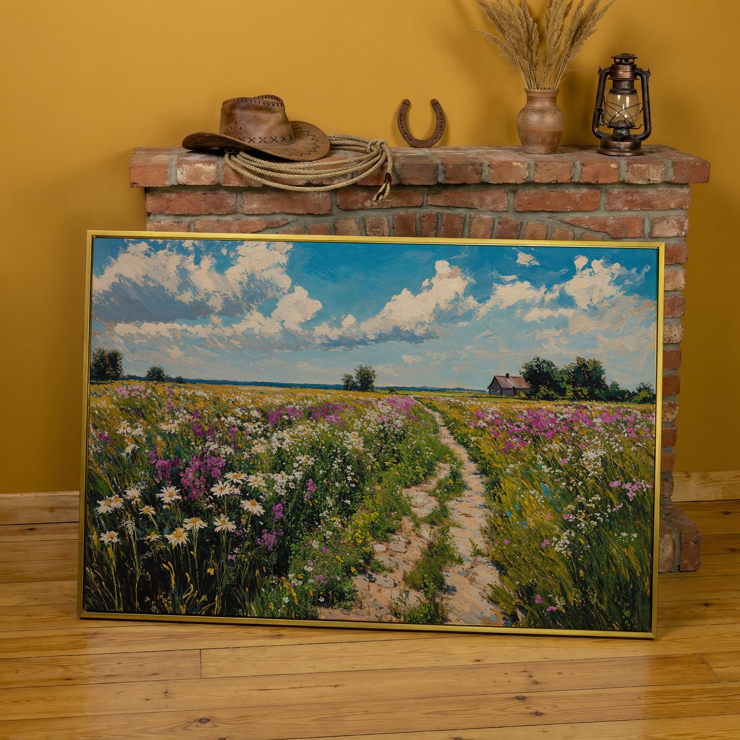 Wildflower Meadow & Farmhouse Canvas in yellow gold floating frame