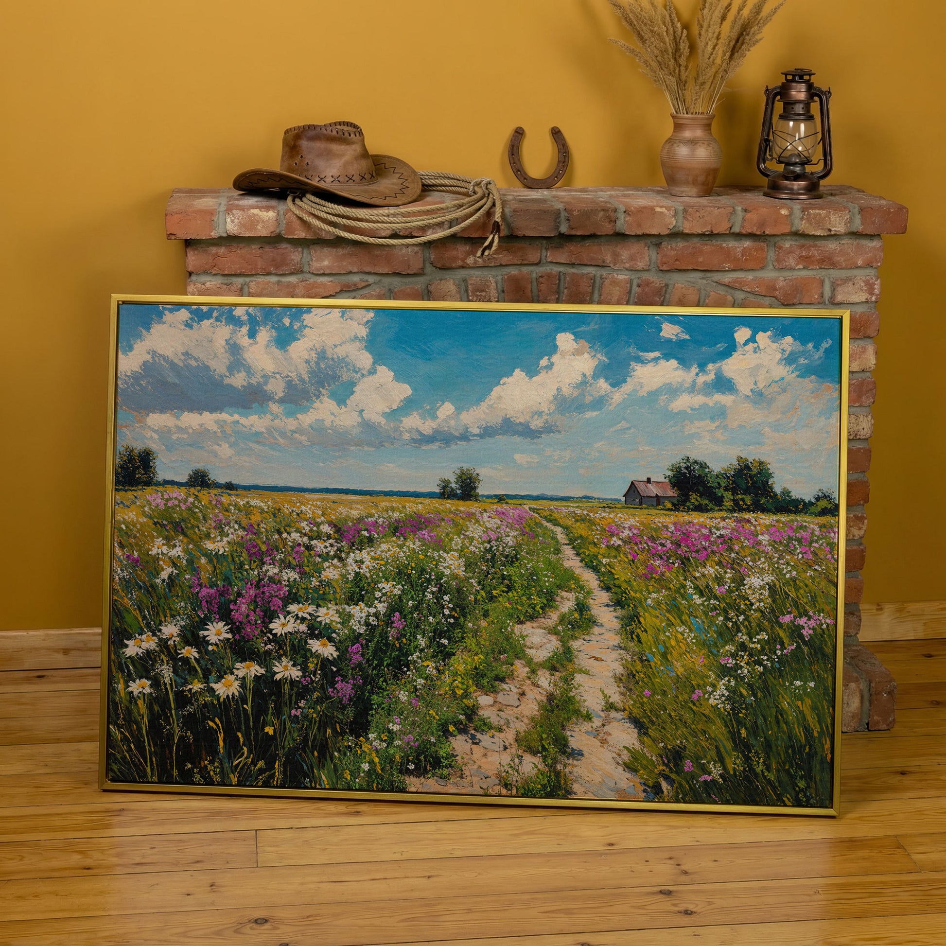 Wildflower Meadow & Farmhouse Canvas in yellow gold floating frame