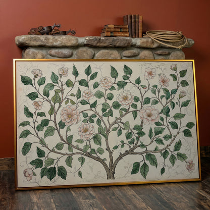Rustic Floral Tree Canvas Print in antique gold floating frame