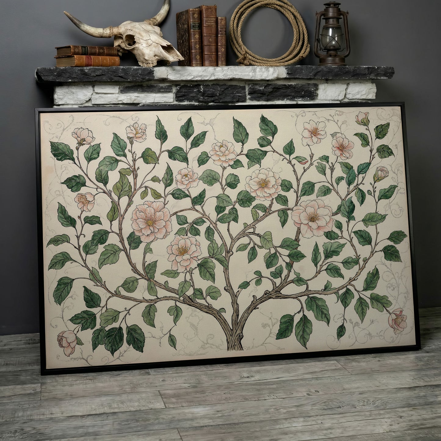 Rustic Floral Tree Canvas Print in black floating frame