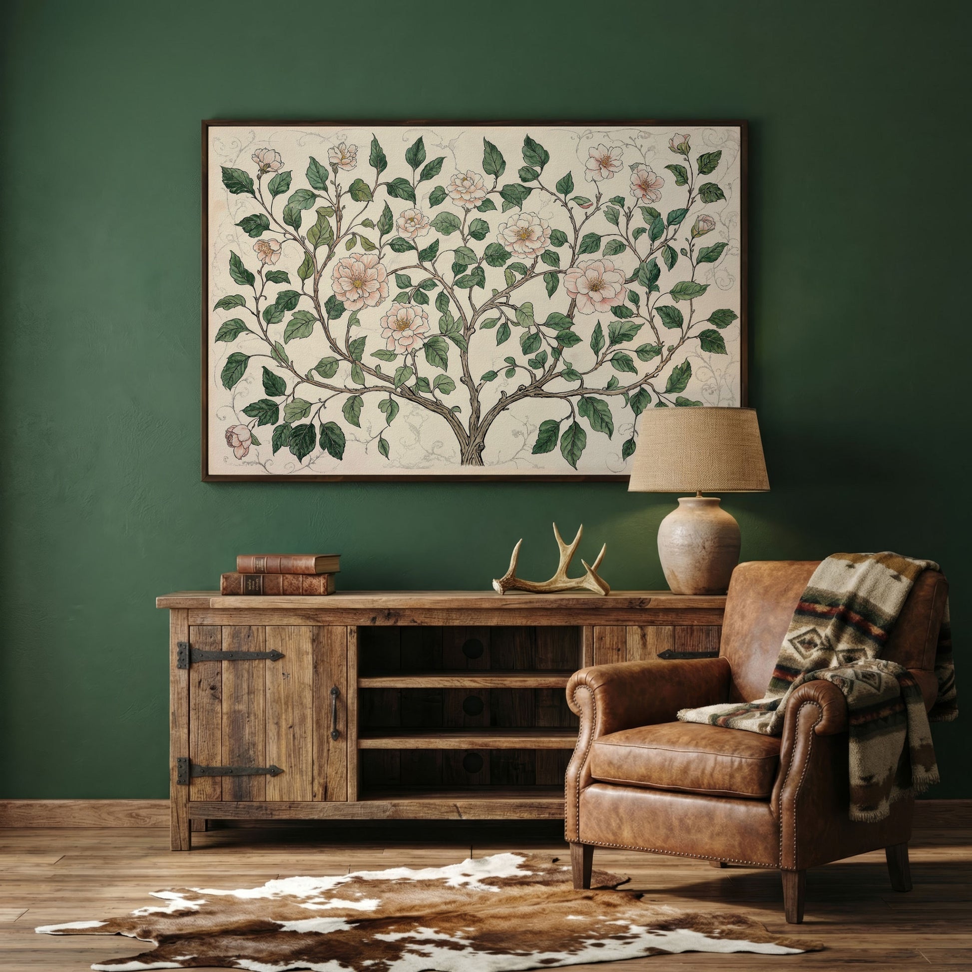 Rustic Floral Tree Canvas Print in dark walnut floating frame