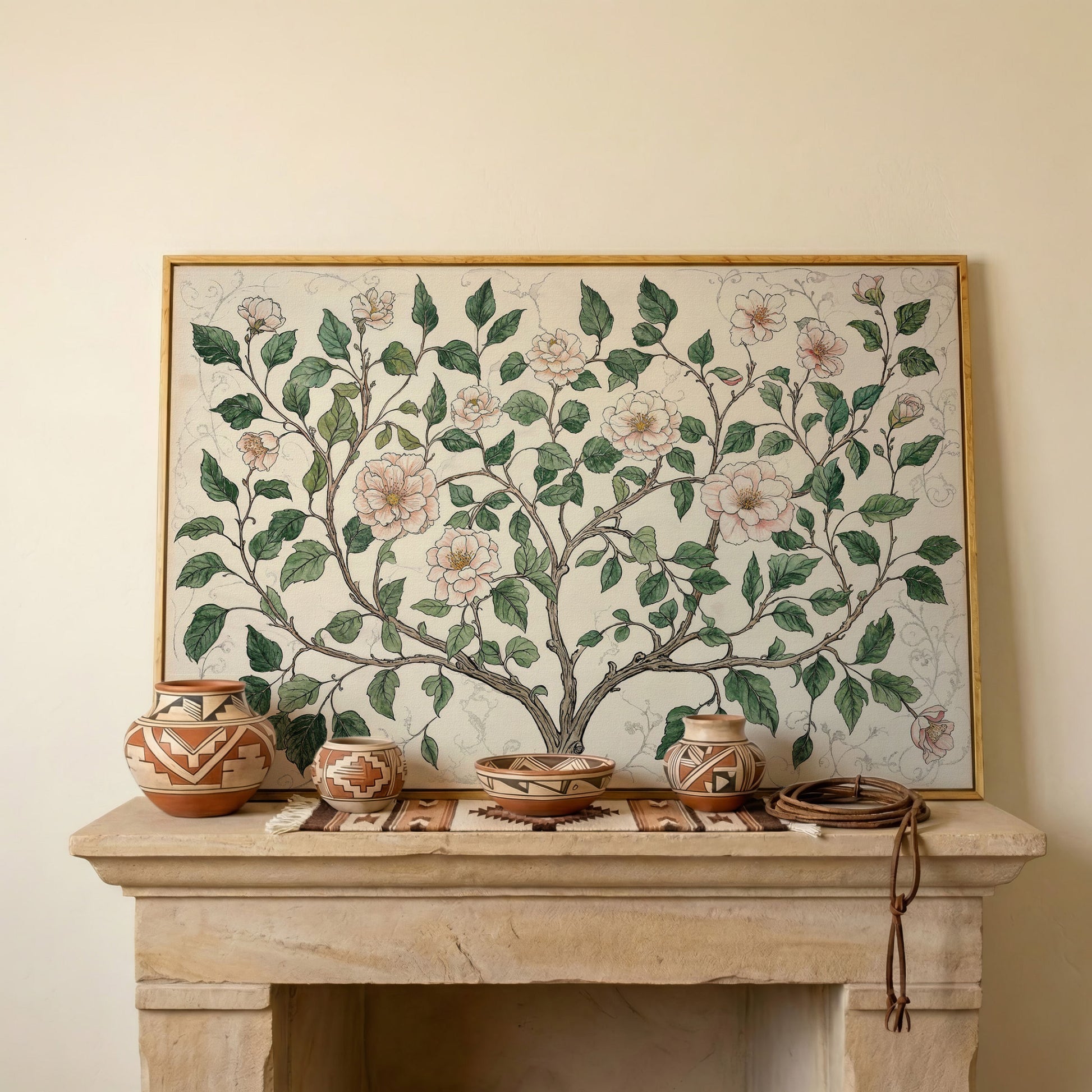 Rustic Floral Tree Canvas Print in white oak floating frame