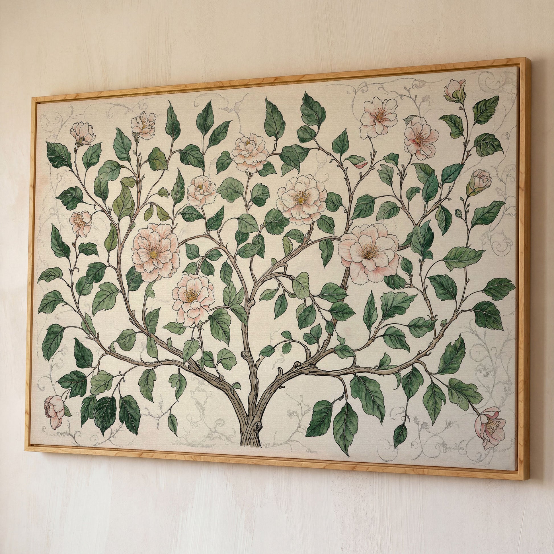 Rustic Floral Tree Canvas Print shown in white oak floating frame