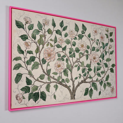 Rustic Floral Tree Canvas Print in pink floating frame
