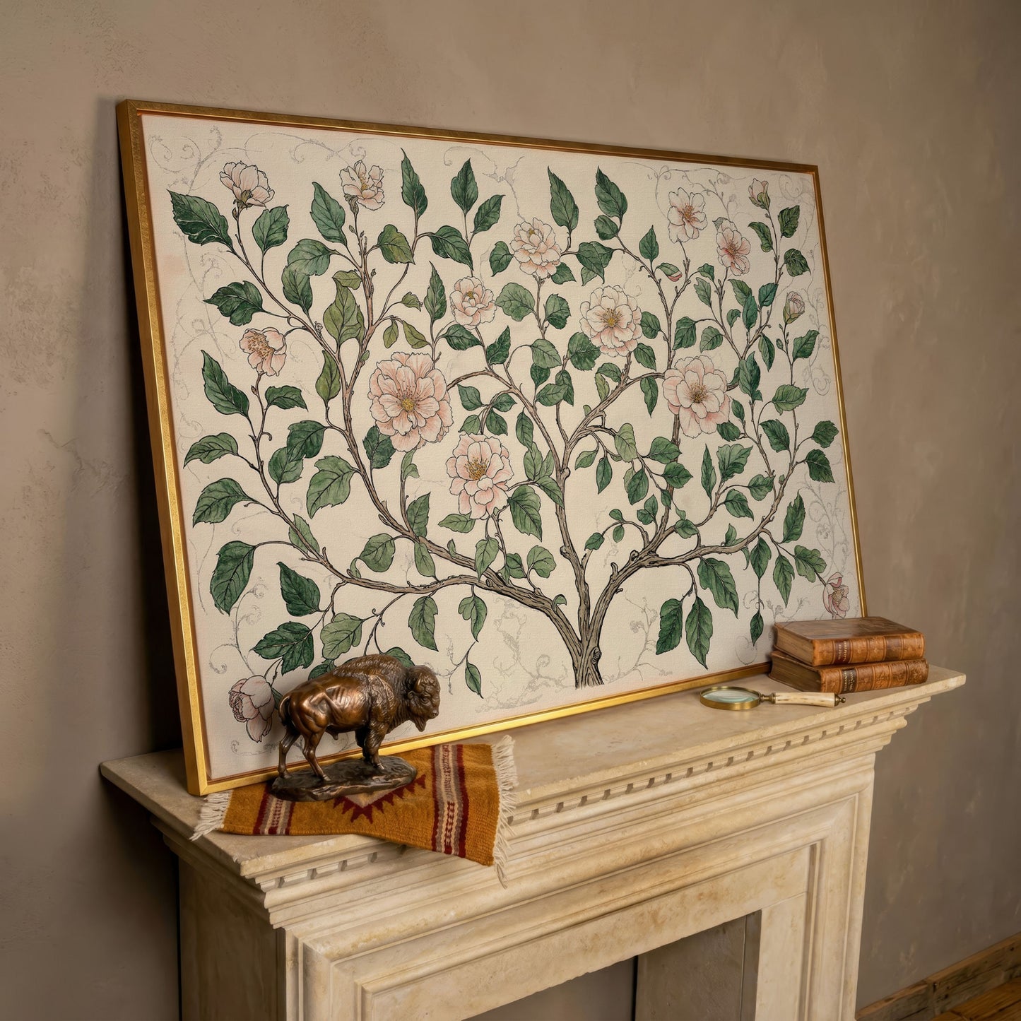 Rustic Floral Tree Canvas Print in rose gold floating frame