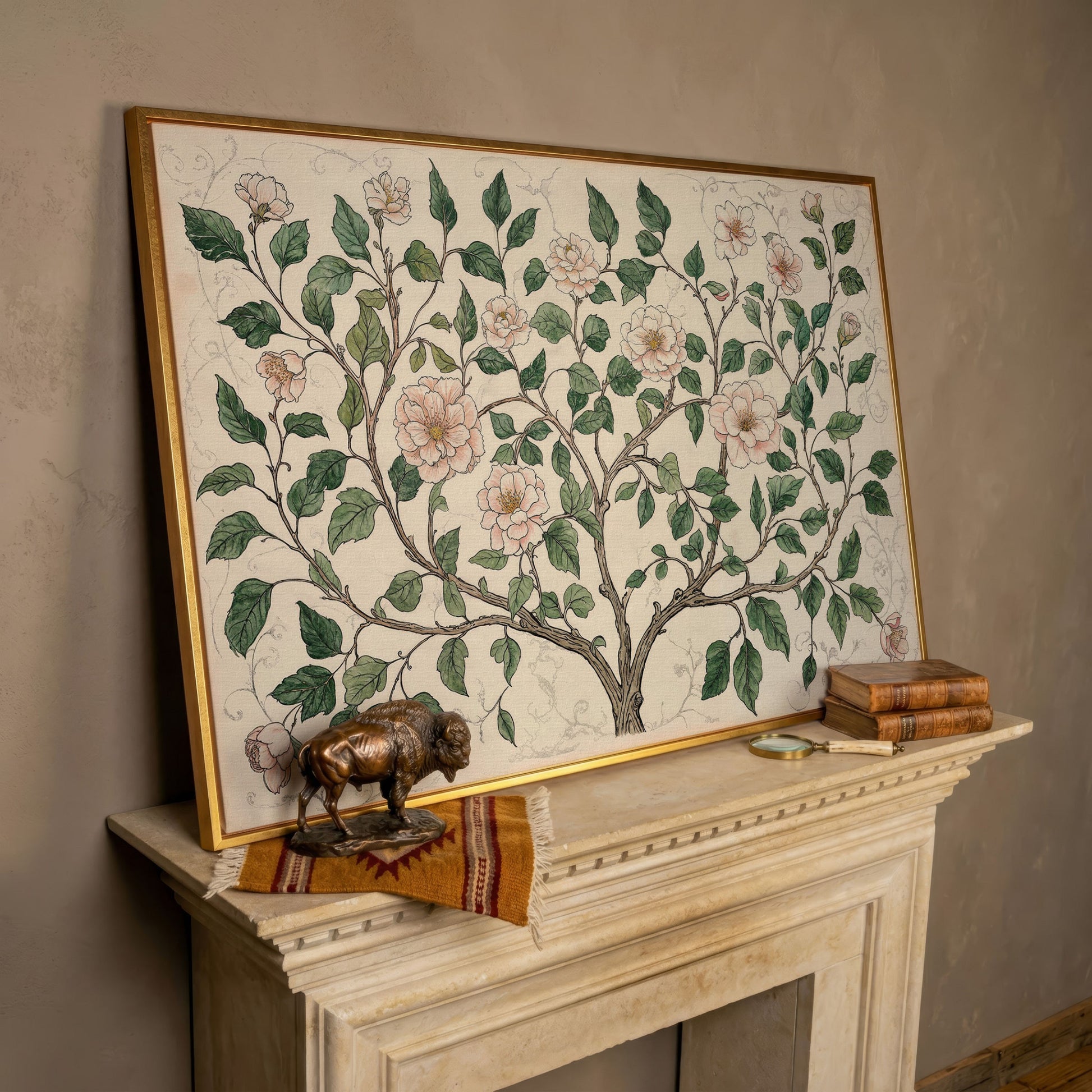 Rustic Floral Tree Canvas Print in rose gold floating frame