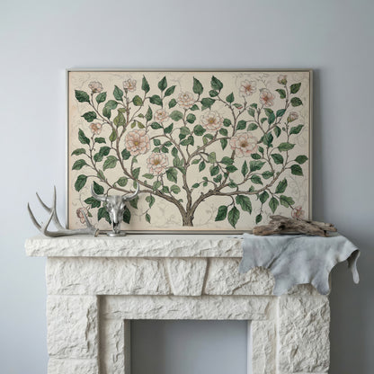 Rustic Floral Tree Canvas Print in silver floating frame