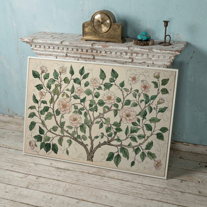 Rustic Floral Tree Canvas Print in white floating frame