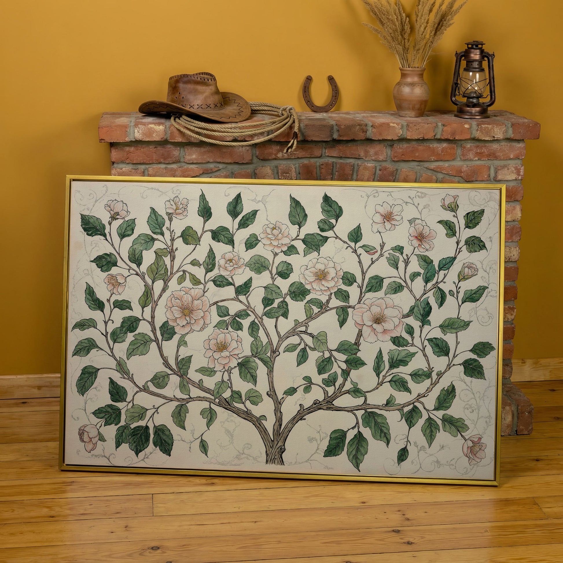Rustic Floral Tree Canvas Print in yellow gold floating frame