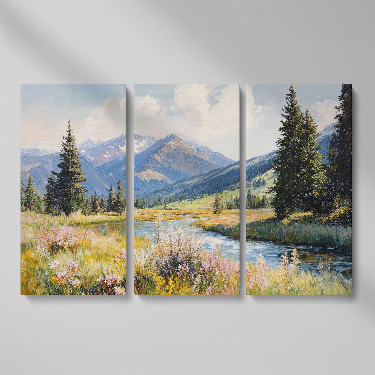 Mountain River Meadow with Wildflowers Canvas Wall Art as 3-panel split version