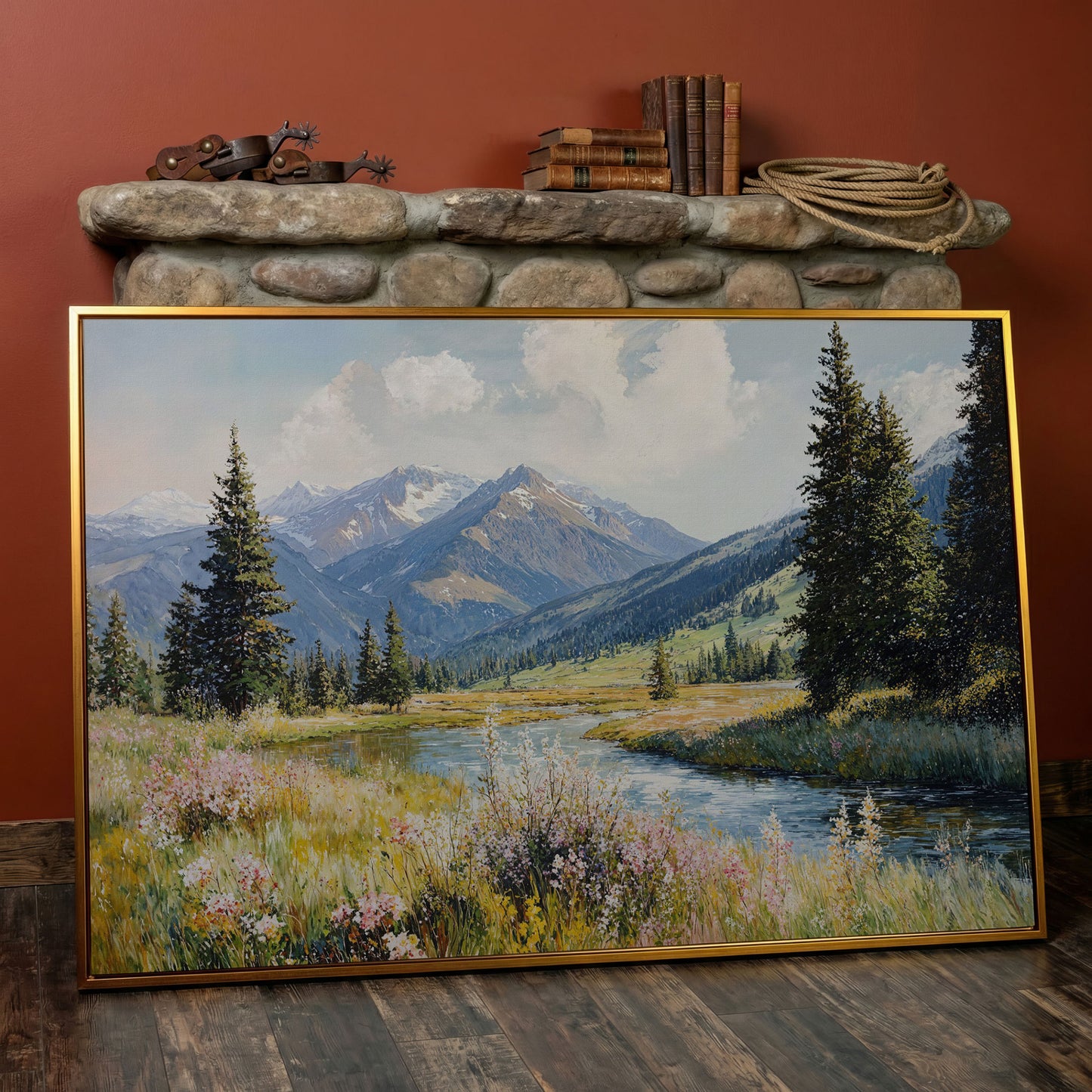 Mountain River Meadow with Wildflowers Canvas Wall Art in antique gold floating frame