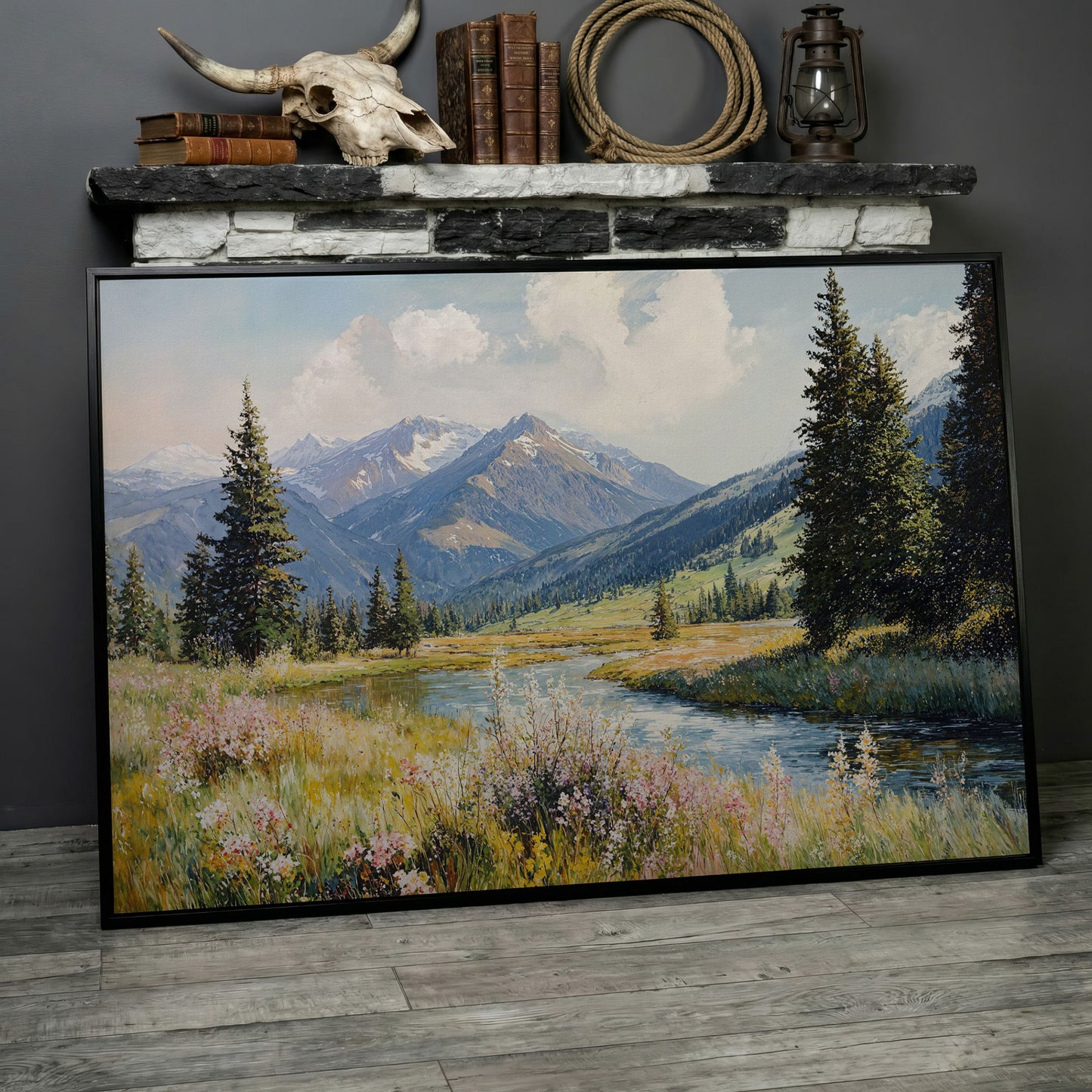 Mountain River Meadow with Wildflowers Canvas Wall Art in black floating frame