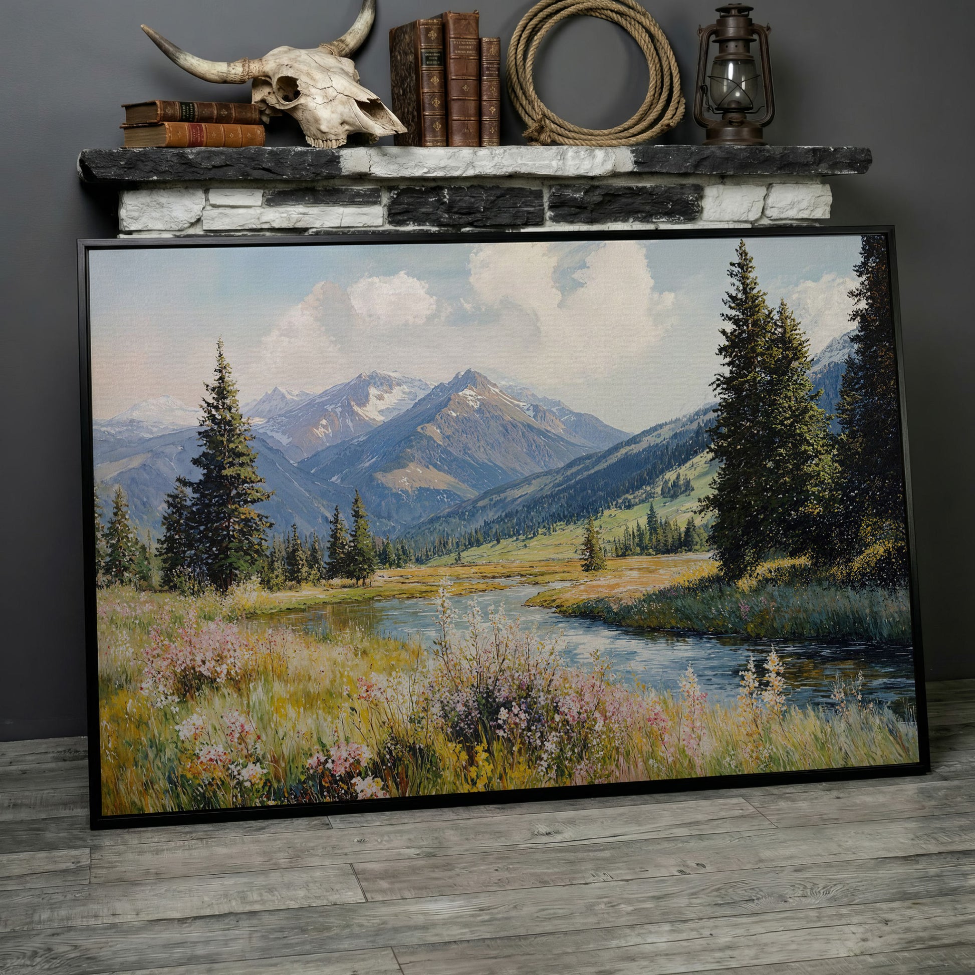 Mountain River Meadow with Wildflowers Canvas Wall Art in black floating frame
