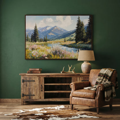 Mountain River Meadow with Wildflowers Canvas Wall Art in dark walnut floating frame