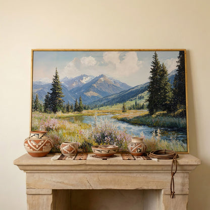 Mountain River Meadow with Wildflowers Canvas Wall Art in white oak floating frame