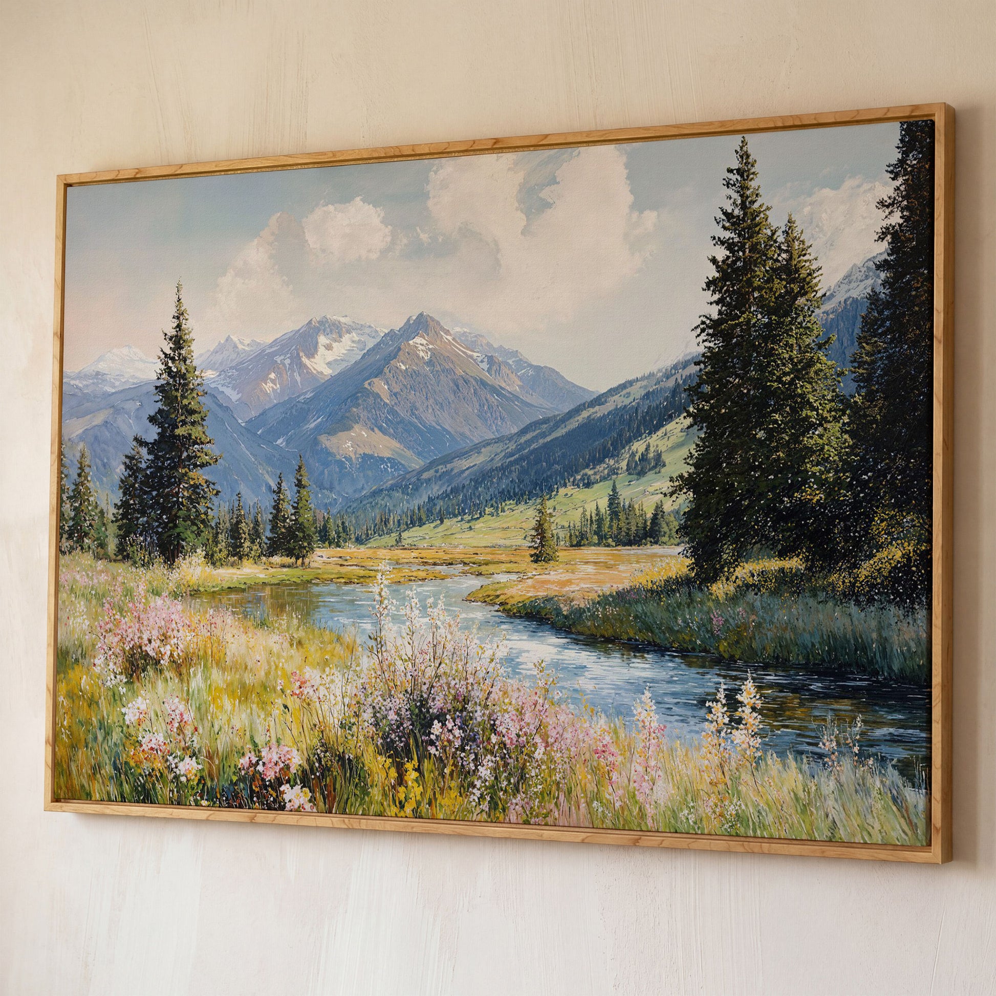 Mountain River Meadow with Wildflowers Canvas Wall Art shown in white oak floating frame