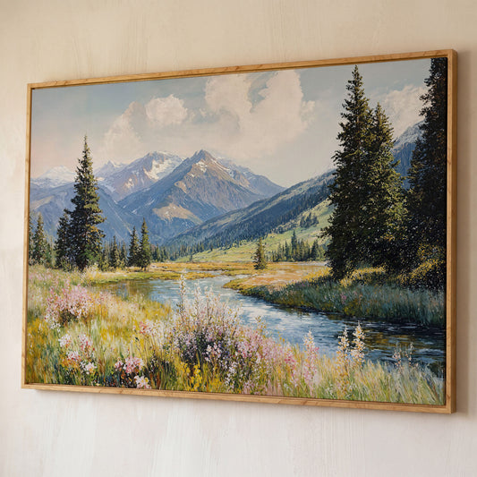 Mountain River Meadow with Wildflowers Canvas Wall Art shown in white oak floating frame