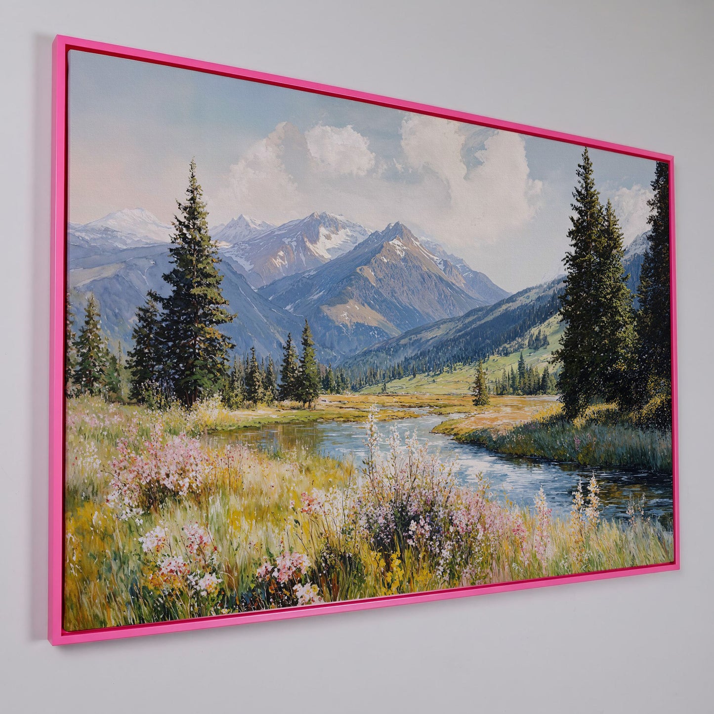 Mountain River Meadow with Wildflowers Canvas Wall Art in pink floating frame