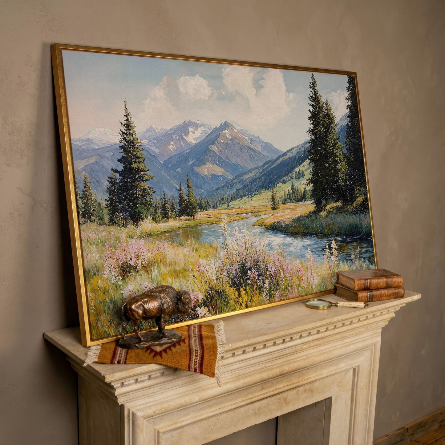 Mountain River Meadow with Wildflowers Canvas Wall Art in rose gold floating frame