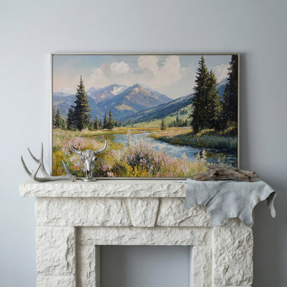Mountain River Meadow with Wildflowers Canvas Wall Art in silver floating frame