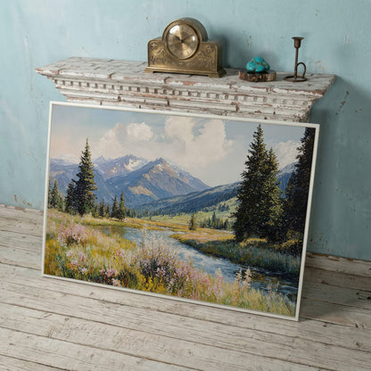 Mountain River Meadow with Wildflowers Canvas Wall Art in white floating frame