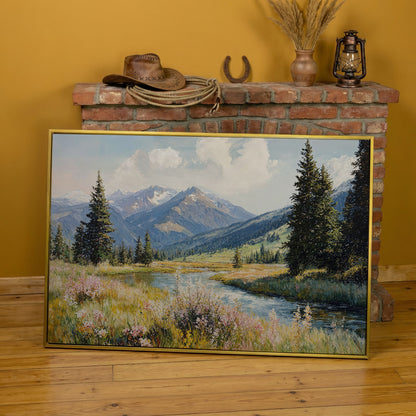 Mountain River Meadow with Wildflowers Canvas Wall Art in yellow gold floating frame