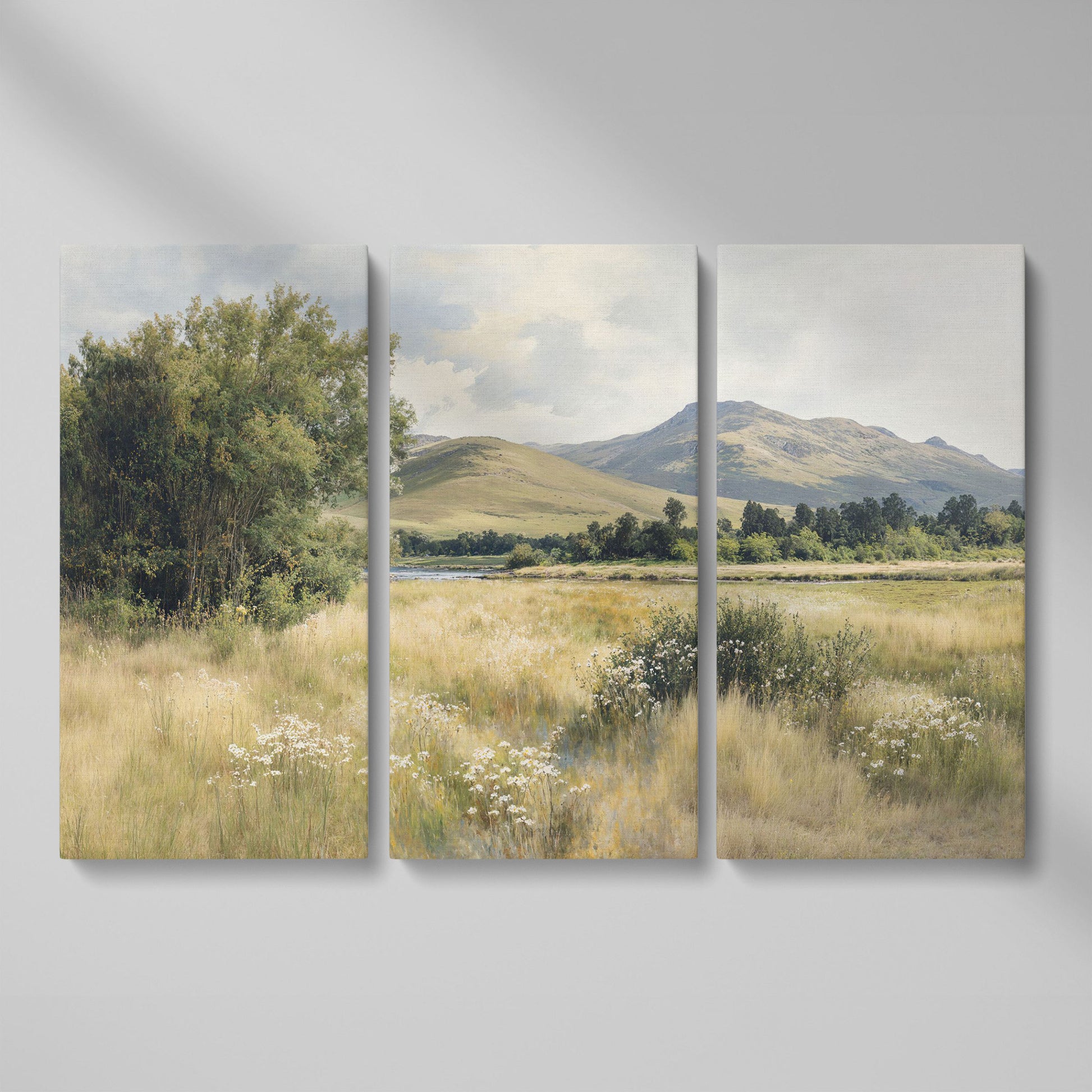 Rolling Hills and Wildflowers Canvas Wall Art, Countryside Landscape as 3-panel split version