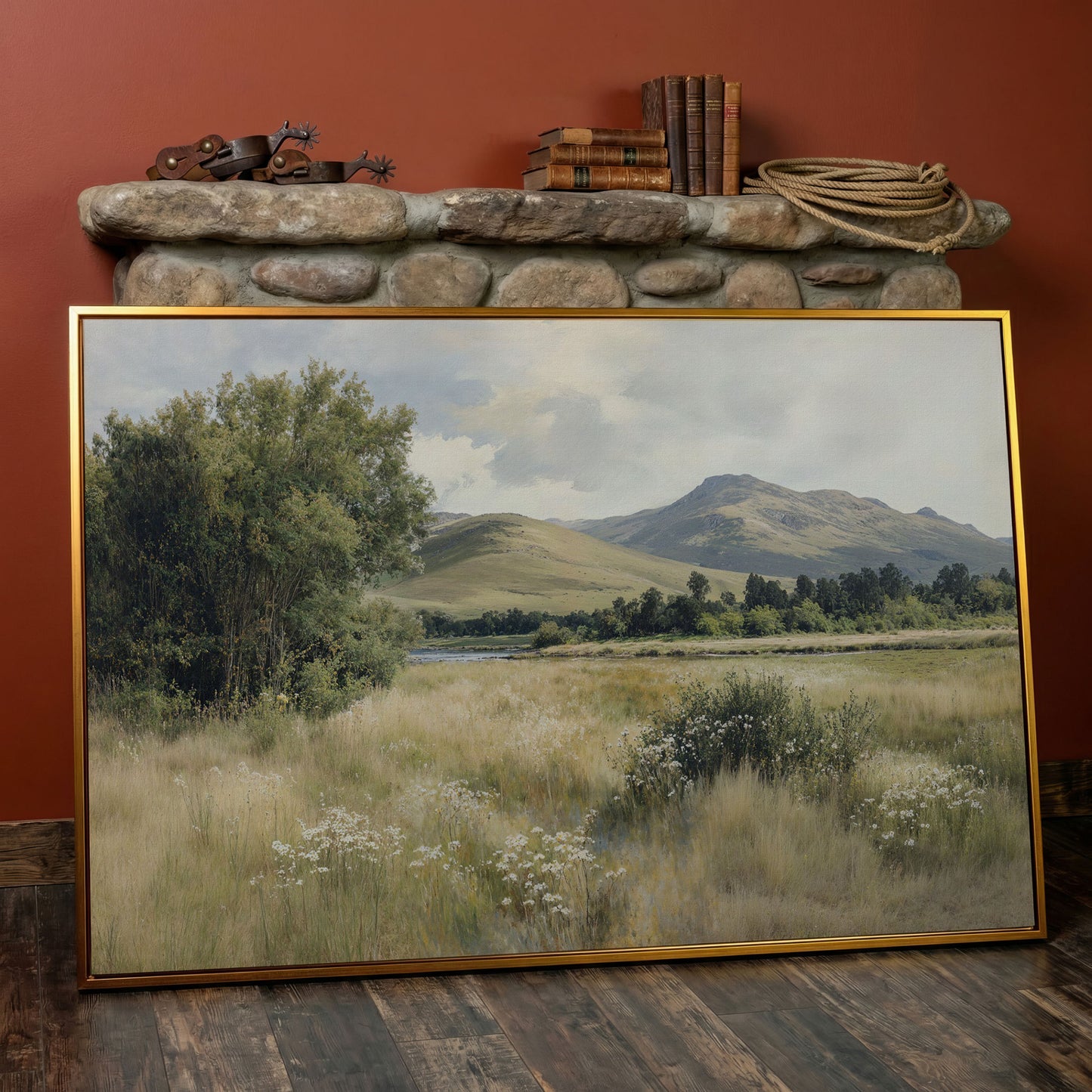Rolling Hills and Wildflowers Canvas Wall Art, Countryside Landscape in antique gold floating frame