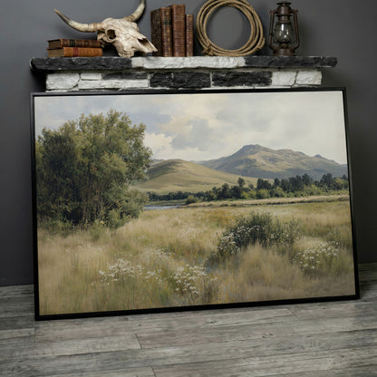 Rolling Hills and Wildflowers Canvas Wall Art, Countryside Landscape in black floating frame
