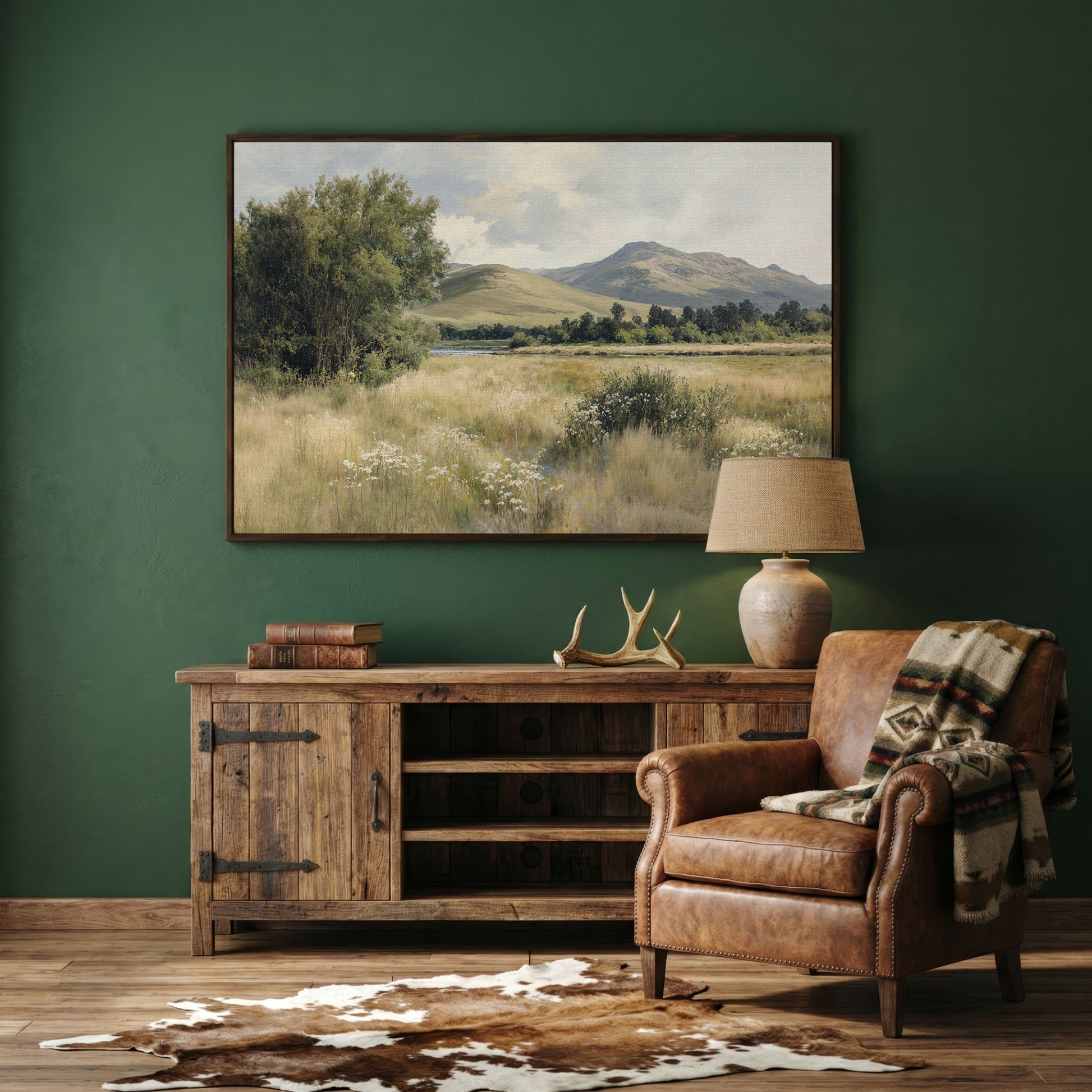 Rolling Hills and Wildflowers Canvas Wall Art, Countryside Landscape in dark walnut floating frame
