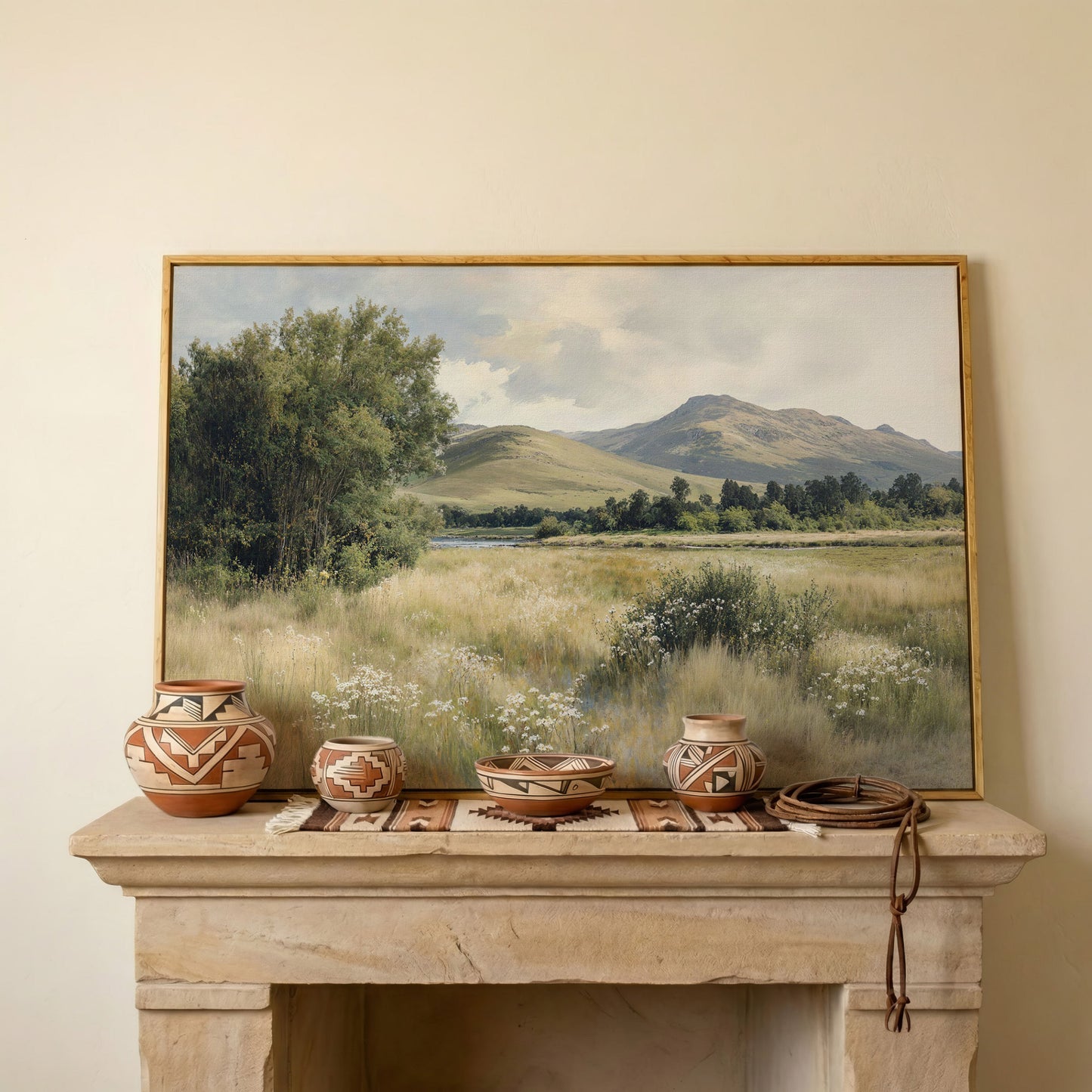 Rolling Hills and Wildflowers Canvas Wall Art, Countryside Landscape in white oak floating frame