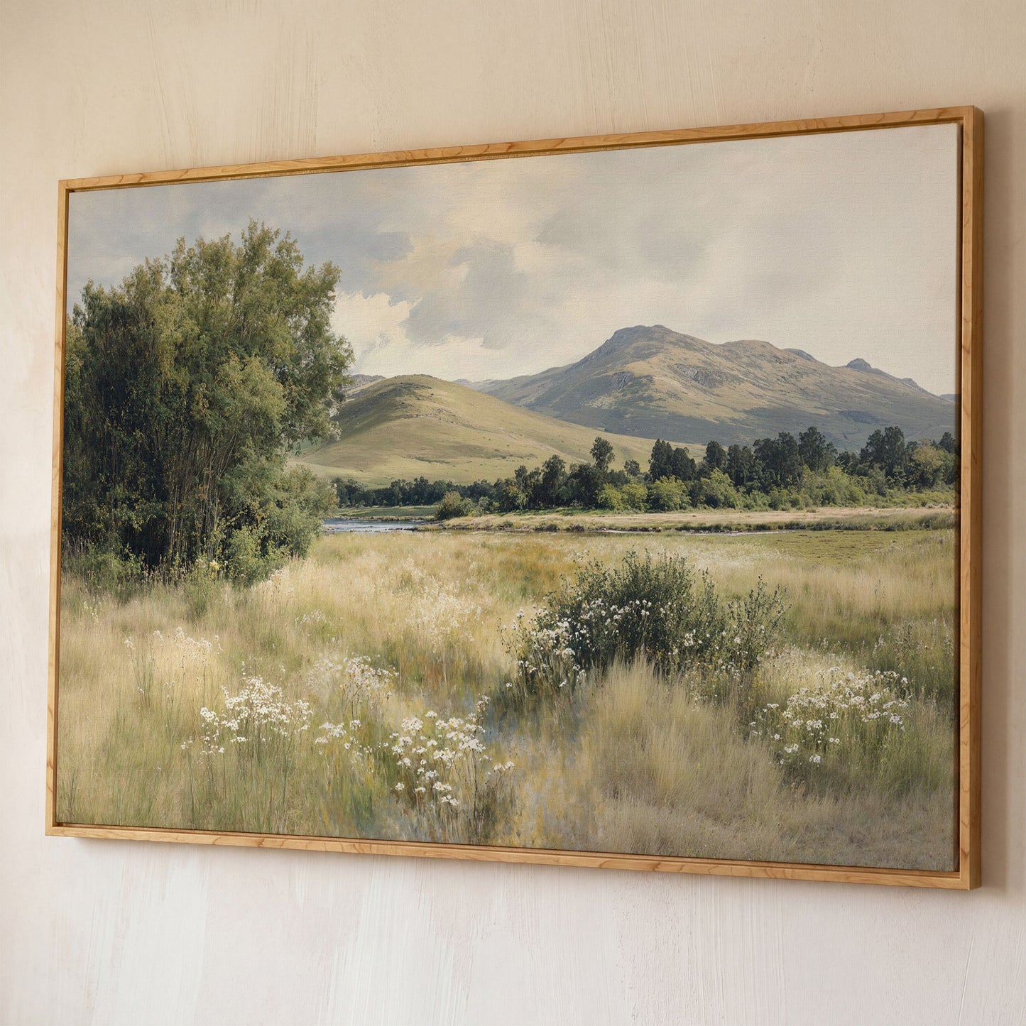 Rolling Hills and Wildflowers Canvas Wall Art, Countryside Landscape shown in white oak floating frame