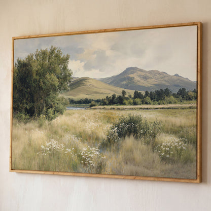 Rolling Hills and Wildflowers Canvas Wall Art, Countryside Landscape shown in white oak floating frame