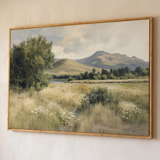 Rolling Hills and Wildflowers Canvas Wall Art, Countryside Landscape shown in white oak floating frame