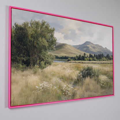 Rolling Hills and Wildflowers Canvas Wall Art, Countryside Landscape in pink floating frame