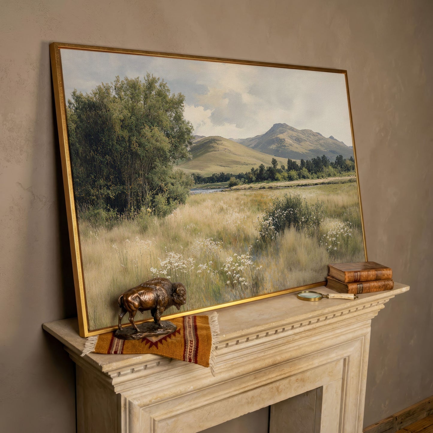 Rolling Hills and Wildflowers Canvas Wall Art, Countryside Landscape in rose gold floating frame