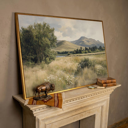 Rolling Hills and Wildflowers Canvas Wall Art, Countryside Landscape in rose gold floating frame
