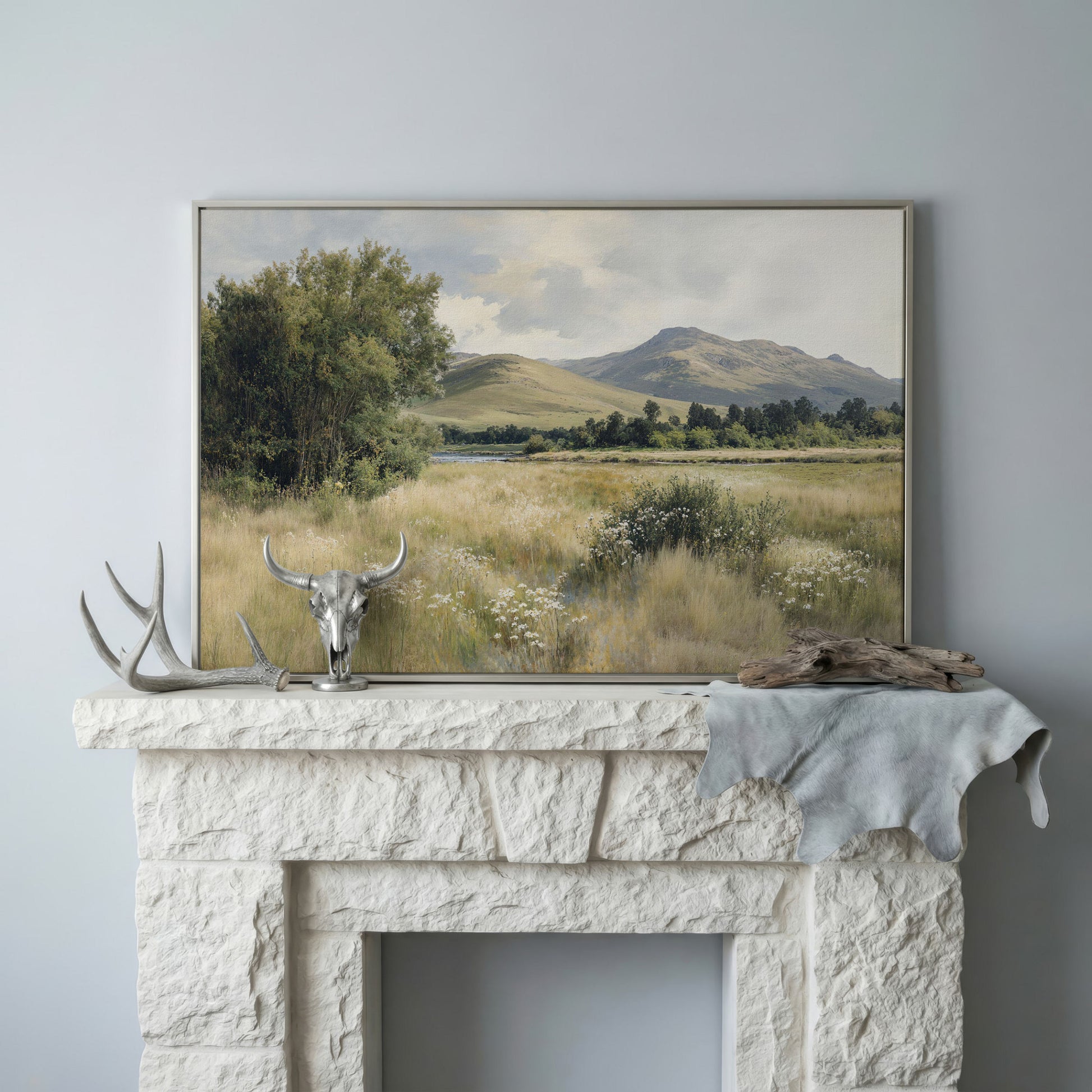 Rolling Hills and Wildflowers Canvas Wall Art, Countryside Landscape in silver floating frame