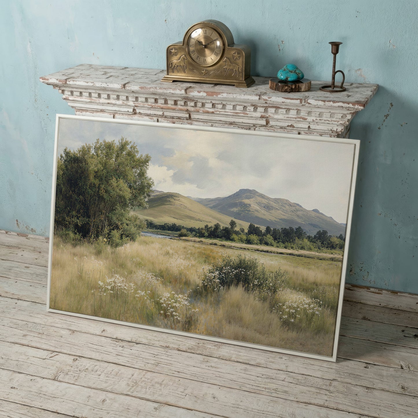 Rolling Hills and Wildflowers Canvas Wall Art, Countryside Landscape in white floating frame