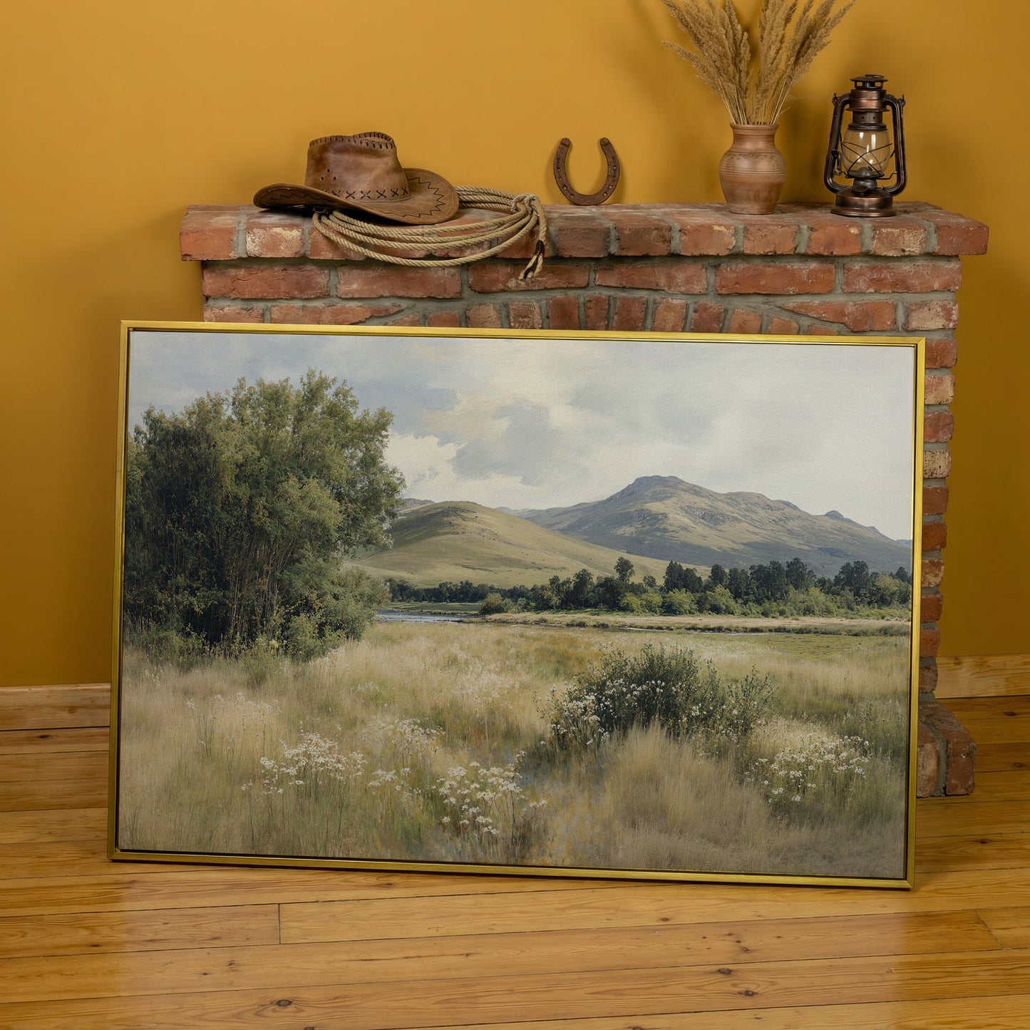 Rolling Hills and Wildflowers Canvas Wall Art, Countryside Landscape in yellow gold floating frame